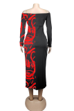 Red Casual Print Patchwork Bateau Neck Wrapped Skirt Dresses
