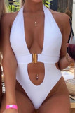 White Sexy Pierced Solid Color Swimwears