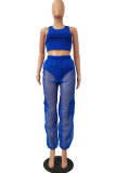 Blue Fashion Casual adult Patchwork Solid Mesh perspective Two Piece Suits Loose Sleeveless Two Pieces