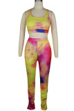 Yellow and blue Polyester Fashion Sexy adult Ma'am Patchwork Print Tie Dye Two Piece Suits Straight Sleeveless Two Pieces