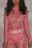 Red Sexy Print Lips Printed See-through O Neck Regular Bodysuits