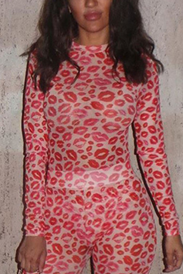 Red Sexy Print Lips Printed See-through O Neck Regular Bodysuits