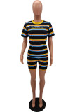 Black Fashion Casual Striped Print Basic O Neck Short Sleeve Two Pieces