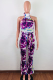 purple Fashion Sexy Print Tie-dyed Backless Polyester Sleeveless O Neck Jumpsuits