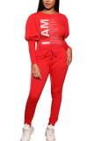 Red Fashion Casual Adult Polyester Print Letter O Neck Long Sleeve Hubble-Bubble Sleeve Regular Two Pieces