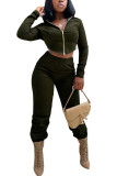Khaki Fashion Street Adult Polyester Solid Split Joint Hooded Collar Long Sleeve Regular Sleeve Short Two Pieces