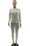 White Fashion Sexy Polyester Solid Zipper Collar Long Sleeve Regular Sleeve Regular Two Pieces