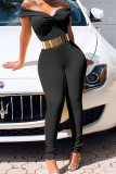 Yellow Fashion Sexy Solid Backless With Belt Off the Shoulder Skinny Jumpsuits