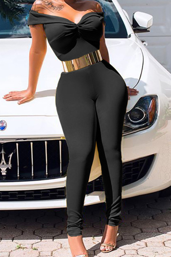 Black Fashion Sexy Solid Backless With Belt Off the Shoulder Skinny Jumpsuits