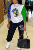 Turquoise Casual Print Patchwork Pocket O Neck Long Sleeve Two Pieces