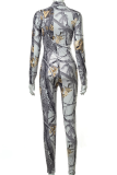 Grey Sexy Print Hollowed Out Turtleneck Long Sleeve Two Pieces