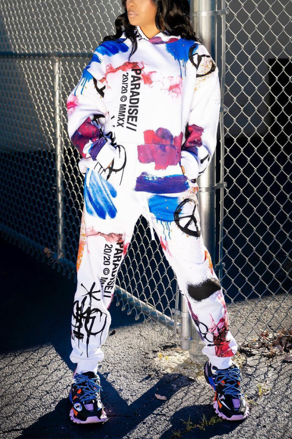 White Casual Print Letter Long Sleeve Two Pieces