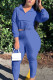 Blue Casual Twilled Satin Solid O Neck Long Sleeve Regular Sleeve Short Two Pieces