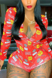 Red Fashion Sexy Print Patchwork letter Tie-dyed Long Sleeve V Neck Jumpsuits