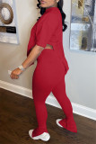 Red Fashion Casual Solid Slit Asymmetrical O Neck Short Sleeve Two Pieces