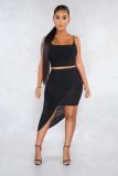 Black Sexy Fashion Slim fit Two Piece Suits asymmetrical Solid perspective Regular Sleeveless T