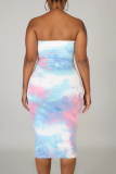 Green Sexy Patchwork Tie-dye Strapless Pencil Skirt Dresses