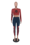 Red Casual Print Letter O Neck Two Pieces