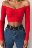 White Red Black Blue Pink Orange One word collar Long Sleeve Solid Tops