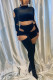 Black Sexy Solid Ripped Hollowed Out O Neck Long Sleeve Two Pieces