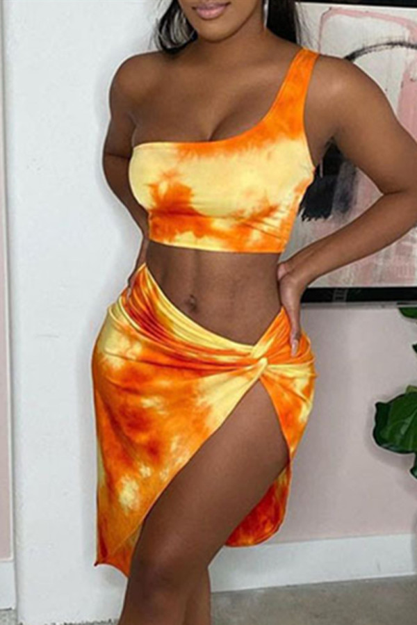 Orange Fashion Sexy Print Tie-dye One Shoulder Sleeveless Two Pieces