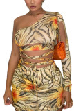 Yellow Street Print Hollowed Out Patchwork Oblique Collar Long Sleeve Mini Pencil Skirt Dresses