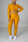 Yellow Casual Solid Draw String V Neck Long Sleeve Two Pieces