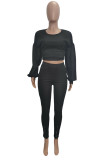 Black Street Solid Hollowed Out Patchwork O Neck Long Sleeve Hubble-Bubble Sleeve Short Two Pieces