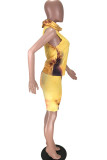 Yellow Polyester Fashion Sexy adult Ma'am Print Tie Dye Two Piece Suits Straight Sleeveless Two Pieces