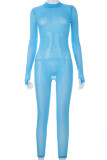 Blue Fashion Solid Patchwork O Neck Regular Jumpsuits