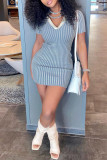 Sky Blue Fashion Casual Striped Print Basic V Neck Short Sleeve Dress