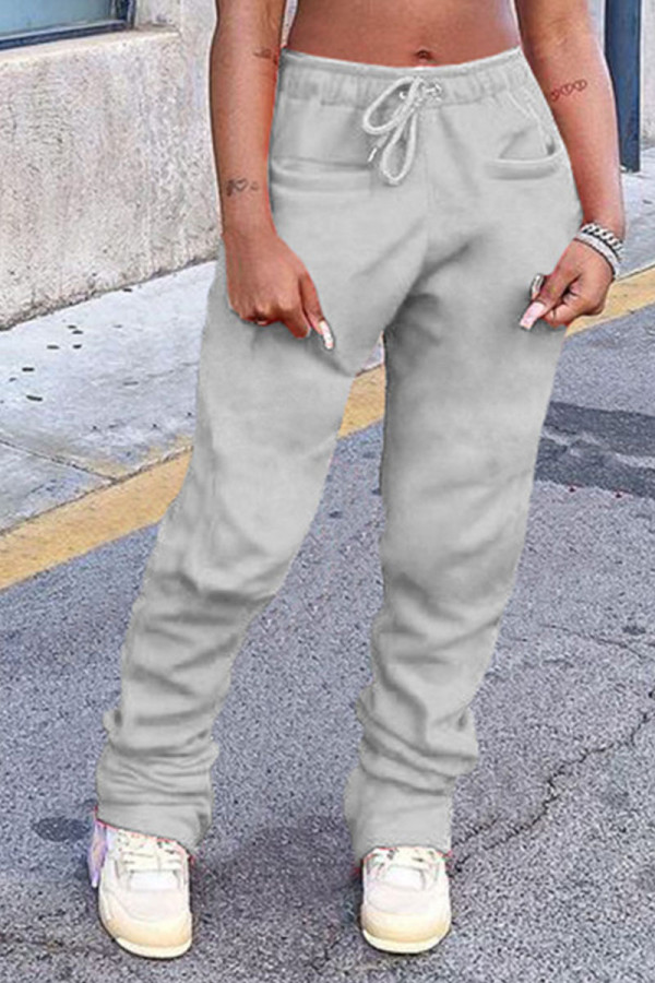 Light Gray Casual Solid Zipper Fold Straight Yes(Elastic) Bottoms