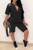 Red Casual Solid Patchwork O Neck Short Sleeve Two Pieces