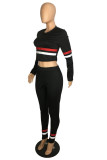 Black Sexy Striped Patchwork Long Sleeve Two Pieces