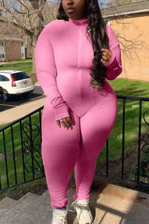 Pink Casual Daily Solid Turtleneck Plus Size 