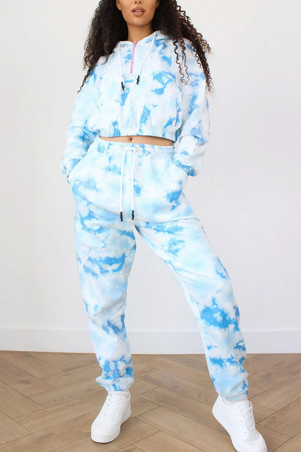 Blue Fashion Casual Street Plush Gradual Change Print Tie Dye Draw String Pocket Frenulum Tie-dye Pants Hooded Collar Long Sleeve Regular Sleeve Short Two Pieces