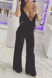Black Fashion Sexy Solid Backless Strap Design Spaghetti Strap Regular Jumpsuits