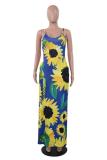 Blue Polyester Casual adult Fashion Spaghetti Strap Sleeveless Slip Pencil Dress Ankle-Length Floral Prin