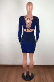 Deep Blue Sexy Solid Hollowed Out V Neck Wrapped Skirt Dresses