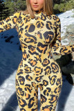 Yellow Casual Print Leopard Patchwork Tie-dye O Neck Regular Jumpsuits