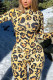 Yellow Casual Print Leopard Patchwork Tie-dye O Neck Regular Jumpsuits