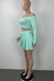 Cyan Sexy Solid Patchwork Off the Shoulder Long Sleeve Two Pieces