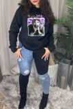 Black Fashion Casual Print Basic Hooded Collar Tops