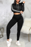 Black Sexy Solid Split Joint Hooded Collar Long Sleeve Two Pieces
