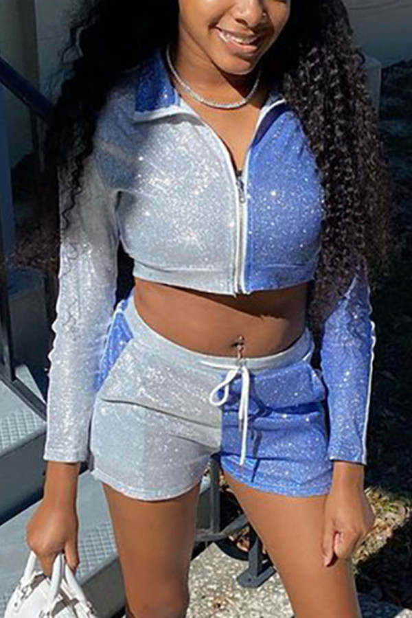 Peacock Blue Fashion Sexy Solid Patchwork Turndown Collar Long Sleeve Two Pieces