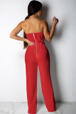 Red Polyester Fashion Sexy Patchwork Solid Lace Trim Casual Two-piece Pants Set