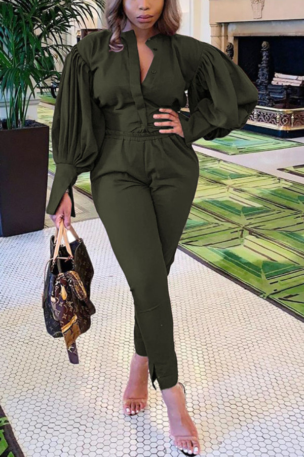 Army Green Street Solid Hollowed Out Patchwork O Neck Two Pieces