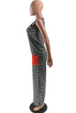 Black Fashion Casual Striped Sleeveless O Neck Jumpsuits