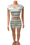 Coffee Casual Striped Print Basic O Neck Short Sleeve Two Pieces