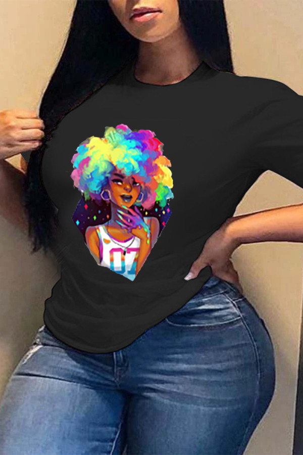 Black Fashion Casual Print Basic O Neck T-Shirts